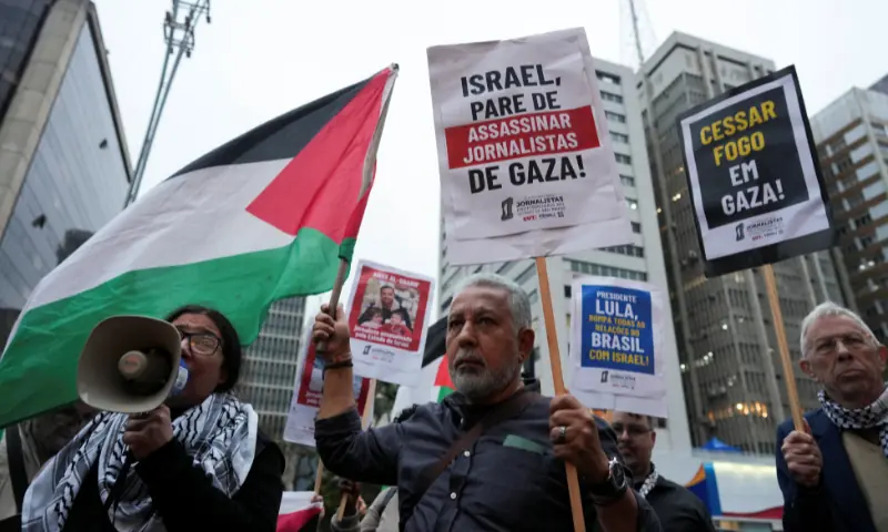 A demonstrator holds a banner reading &ldquo;Israel, stop killing journalists of Gaza&rdquo;, during a protest against the deaths of journalists in Israeli military actions in Gaza, in Sao Paulo, Brazil on August 28, 2025. &mdash; Reuters