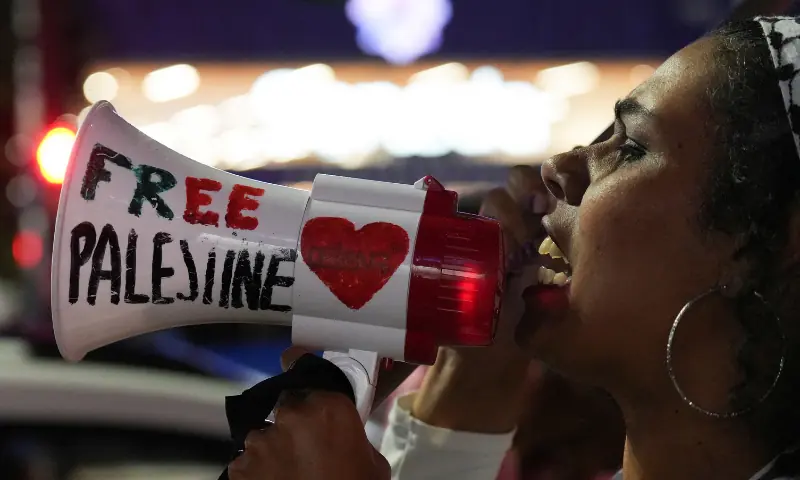 A woman shouts slogans during a protest against the deaths of journalists in Israeli military actions in Gaza, in Sao Paulo, Brazil on August 28, 2025. &mdash; Reuters