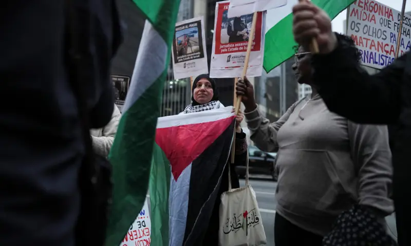 Demonstrators protest against the deaths of journalists in Israeli military actions in Gaza, in Sao Paulo, Brazil on August 28, 2025. &mdash; Reuters
