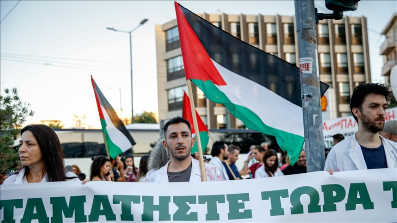 Public sector healthcare workers take part in a demonstration against the deadly strike on the Nasser Hospital in Gaza, which claimed the lives of at least 21 people, outside of the embassy of Israel in Athens, Greece on August 29, 2025. — Anadolu Agency
