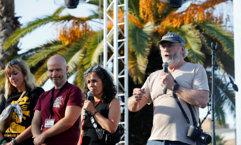 Irish actor Liam Cunningham addresses activists and attendees at the launch of the Global Sumud humanitarian flotilla to Gaza, in the port of Barcelona, Spain, on August 29, 2025. &mdash; Reuters