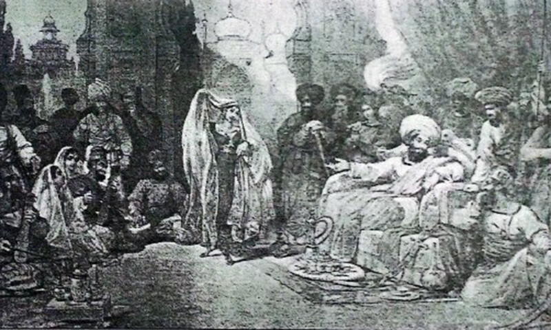   شکارپور کے شاہی باغ میں شاہ شجاع کا محفل—اسکیچ: کتاب تاریخ تازہ نواء معارک  