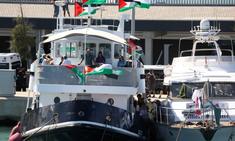 Swedish activist Greta Thunberg and other Global Sumud Flotilla members wait on their boat to depart to Gaza from Barcelona, Spain, on September 1, 2025, after stormy weather forced the flotilla to return to port earlier. — Reuters