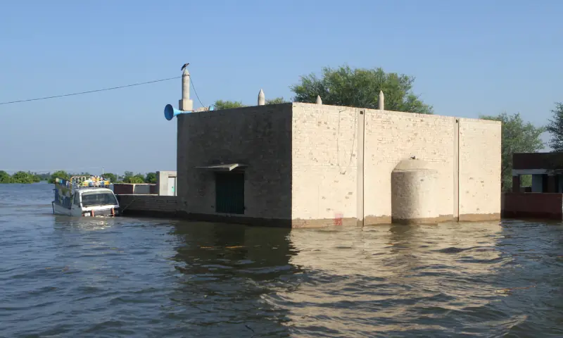A partially submerged mosque stands in the flooded area, following monsoon rains and rising water levels in the Chenab river, in Punjab&rsquo;s Basti Khan Bela, on the outskirts of Jalalpur Pirwala, on September 10, 2025. &mdash; Reuters