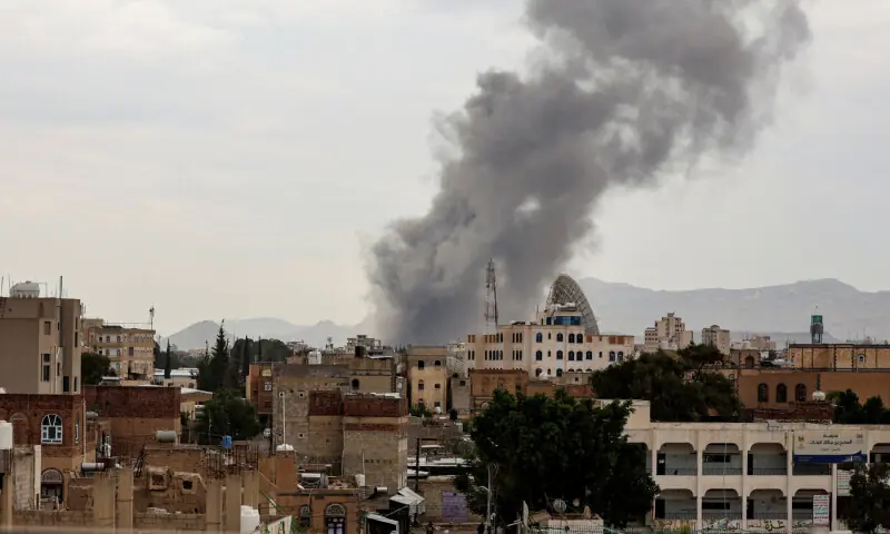  Smoke billows following an Israeli airstrike in Sanaa, Yemen on Sept 10, 2025. &mdash; Reuters/Stringer 