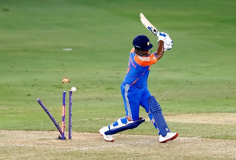 India’s Sanju Samson is clean bowled by Pakistan’s Haris Rauf during the Asia Cup 2025 Super Four Twenty20 international cricket match between India and Pakistan at the Dubai International Stadium in Dubai on September 21, 2025. — AFP