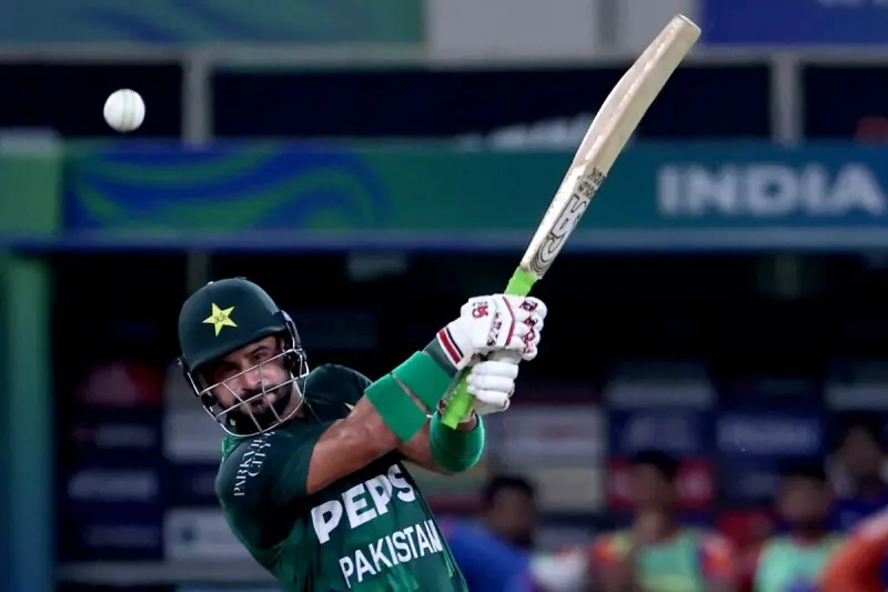 Pakistan’s Sahibzada hits Patel for six. — AFP