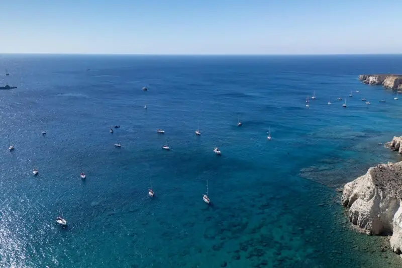 A group of ships from the Global Sumud Flotilla to Gaza are shown moored at the small island of Koufonisi, near the south of the island of Crete, Greece on September 26. — AFP