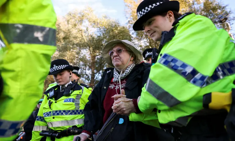 A person is detained by police officers, during a &lsquo;Lift the Ban on Palestine Action&rsquo; protest, organised by Defend our Juries, on the first day of Britain&rsquo;s Labour Party&rsquo;s annual conference, in Liverpool, Britain, September 28, 2025. &mdash; Reuters