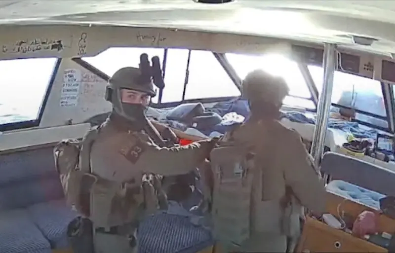  A screengrab from a live stream video shows Israeli navy forces aboard the Gaza-bound vessel Captain Nikos, part of the Global Sumud Flotilla, which flotilla organisers report has been intercepted on Oct 2, 2025. &mdash; Global Sumud Flotilla/Handout via Reuters 