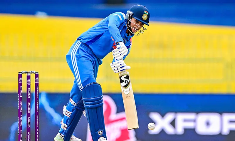 Smriti Mandhana of India plays a shot during the CRICKET Women's Cricket World Cup match of the CPI 2025 An international one-day party (ODI) between India and Pakistan in the R. R. rewarded International Cricket Stadium in Colombo on October 5, 2025.-AFP.