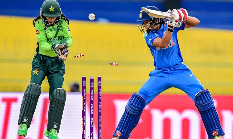 India’s Pratika Rawal (R) is clean bowled by Pakistan’s Sadia Iqbal during the ICC Women’s Cricket World Cup 2025 ODI match between India and Pakistan at the R. Premadasa International Cricket Stadium in Colombo on October 5, 2025. — AFP