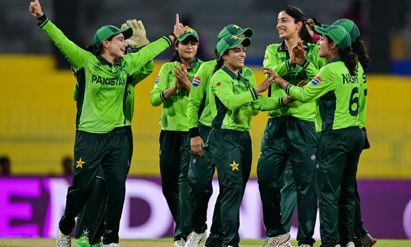 Pakistan’s players celebrate after the dismissal of India’s Jemimah Rodrigues during the ICC Women’s Cricket World Cup 2025 ODI match between India and Pakistan at the R. Premadasa International Cricket Stadium in Colombo on October 5, 2025. — AFP