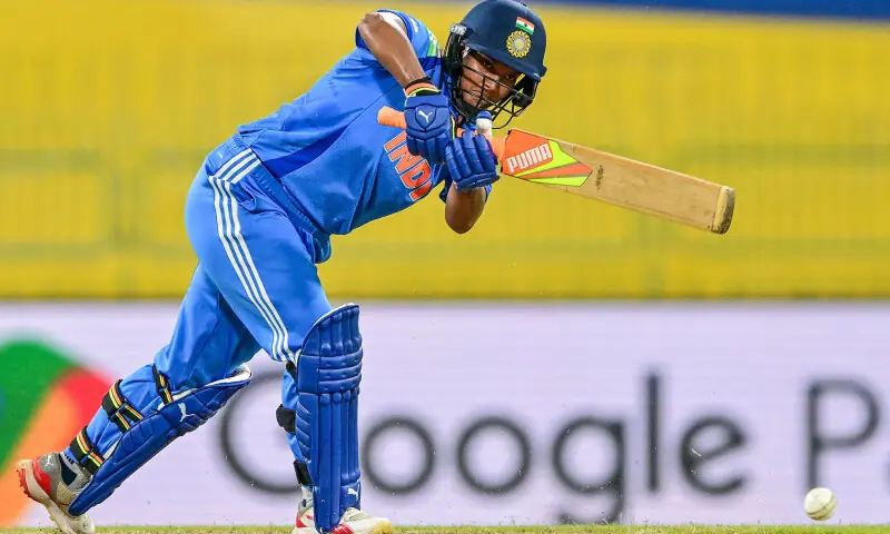 India’s Deepti Sharma watches the ball after playing a shot during the ICC Women’s Cricket World Cup 2025 ODI match between India and Pakistan at the R. Premadasa International Cricket Stadium in Colombo on October 5, 2025. — AFP