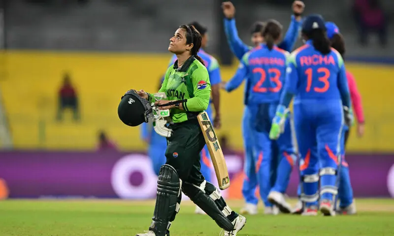 Pakistan’s Sidra Amin leaves the ground after losing her wicket during the ICC Women’s Cricket World Cup 2025 ODI match between India and Pakistan at the R. Premadasa International Cricket Stadium in Colombo on October 5, 2025. — AFP