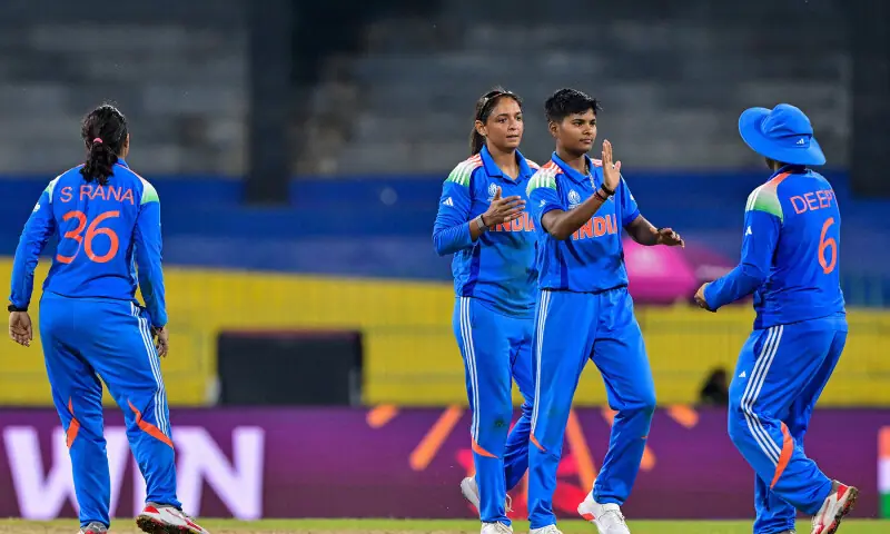 India’s players celebrate their victory at the end of the ICC Women’s Cricket World Cup 2025 one-day international (ODI) match between India and Pakistan at the R. Premadasa International Cricket Stadium in Colombo on October 5, 2025. — AFP