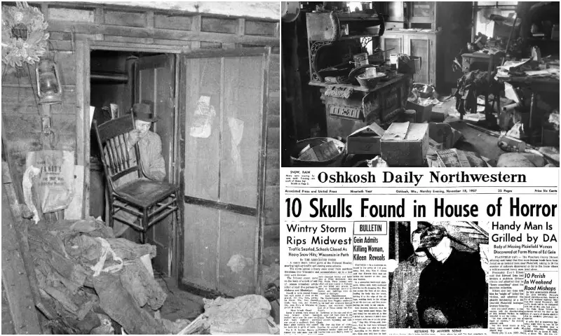 تصاویر میں ایڈ گین کے گھر سے ملنے والے انسانی کھال کی بنی کرسی اور گھر کی خراب حالت کی عکاسی کی گئی ہے