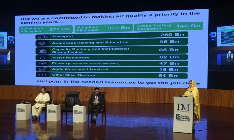 سیکریٹری محکمہ تحفظ موحولیات و موسمیاتی تبدیلی پنجاب سلوت سعید کانفرنس سے خطاب کر رہی ہیں&mdash;فوٹو: مرتضیٰ علی، وائٹ اسٹار