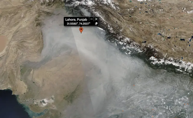 A screengrab taken from satellite imagery from Nasa’s Worldview platforms shows a thick cloud of smoke covering Lahore and the larger region on Nov 6, 2024. — Nasa Worldview