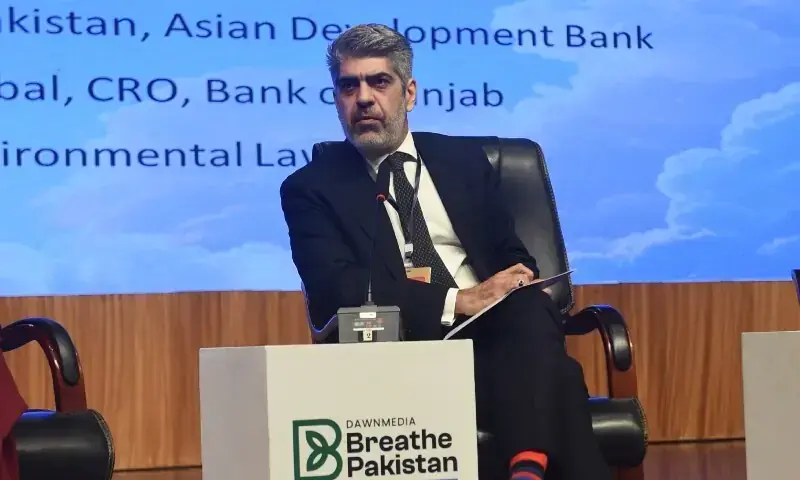 ماہر ماحولیات رافع عالم پینل ڈسکشن میں اظہار خیال کررہے ہیں۔ &mdash; فوٹو: مرتضیٰ علی، وائٹ اسٹار