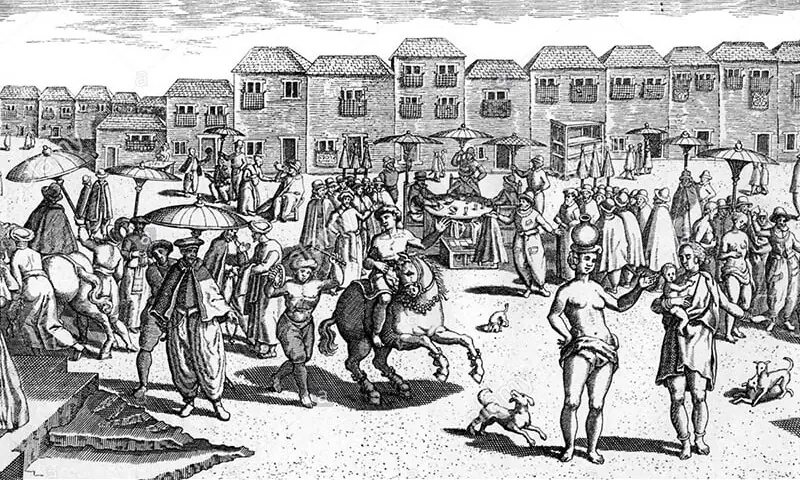    16ویں صدی میں پرتگالی دور میں گوا کی مارکیٹ—اسکیچ   