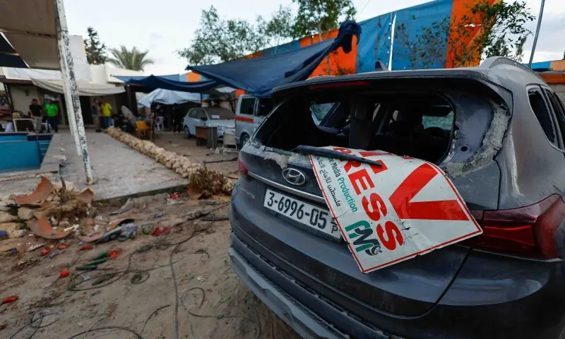 A general view of the site of an Israeli airstrike that targeted a residential compound housing employees of the Palestine Media Production Company in Zawaida in the central Gaza Strip on October 19. &mdash; Reuters