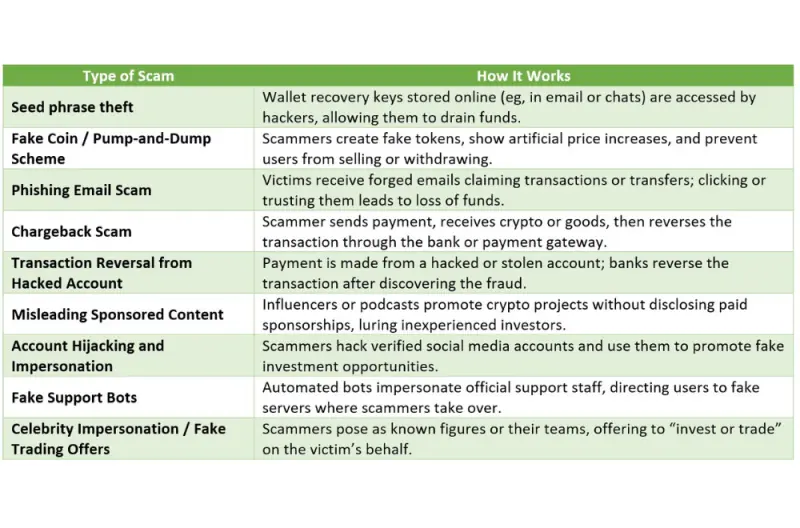 Common crypto scams reported by Pakistani users. (This list is not exhaustive but highlights the most frequent types of fraud shared by victims in the story)