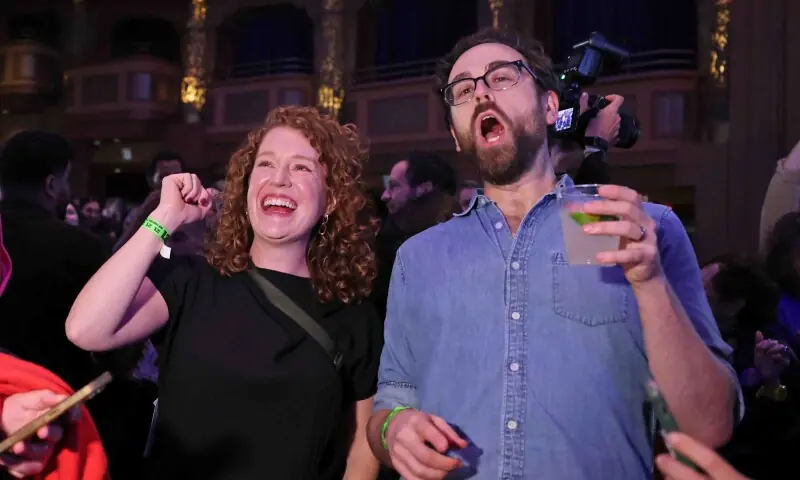 Supporters of New York City Mayoral candidate Zohran Mamdani celebrate during an election night event at the Brooklyn Paramount Theater in Brooklyn, New York on November 4, 2025. &mdash; AFP