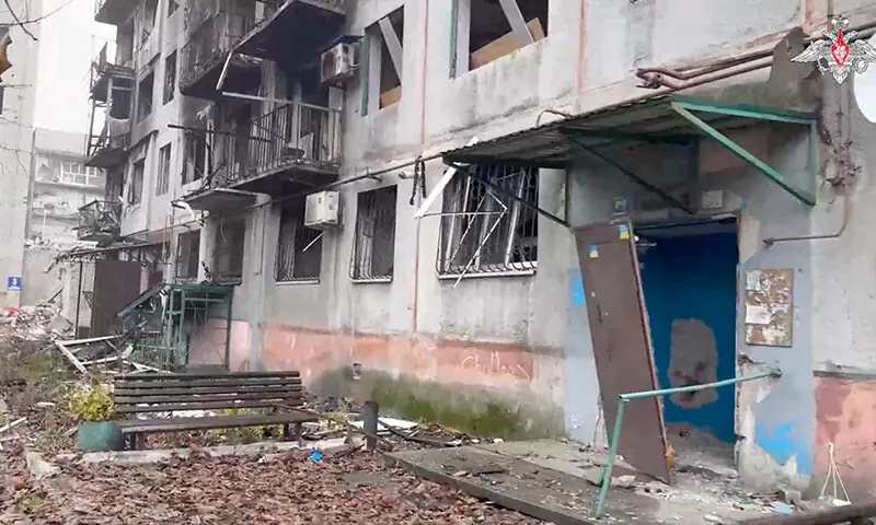 A view of a damaged apartment building in Pokrovsk, Ukraine, in a screenshot taken from a video released on November 20.  — Russian Defence Ministry via Reuters