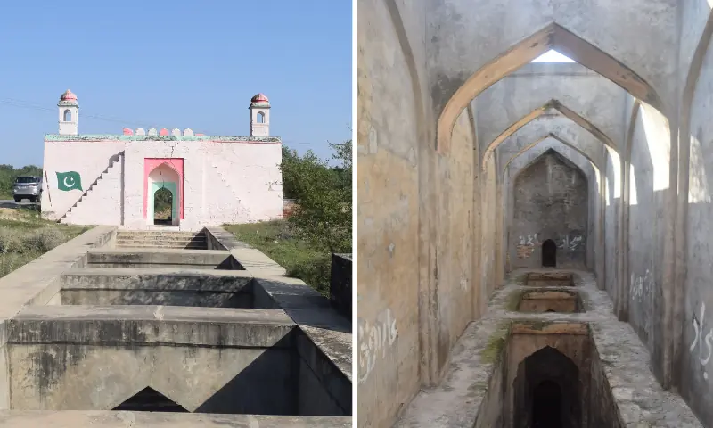 Left: The baoli and the mosque Right: The baoli &mdash; stairs leading to the well