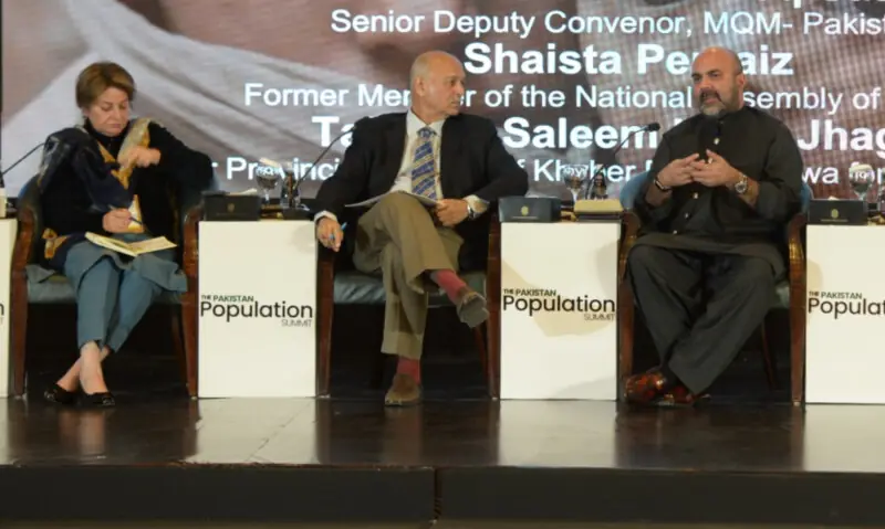 (Left to right) PML-N MNA Shaista Pervaiz, PML-N Senator Mushahid Hussain and former KP minister Taimur Jhagra at a panel discussion at the summit. — Mohammad Asim/White Star