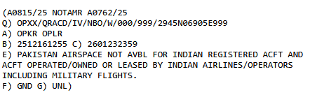 Notam issued by the Pakistan Airports Authority.