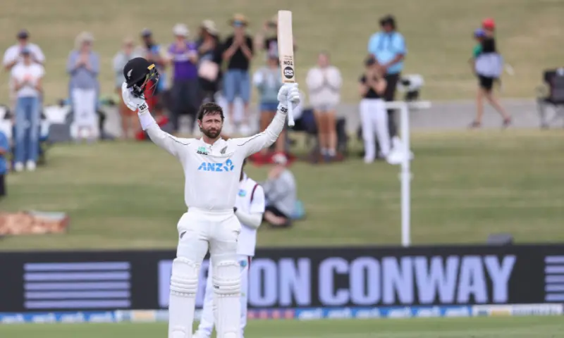 New Zealand&rsquo;s Devon Conway celebrates his double century during day two of the 3rd international Test cricket match between New Zealand and West Indies at Bay Oval in Mount Maunganui on December 19, 2025. &mdash; AFP