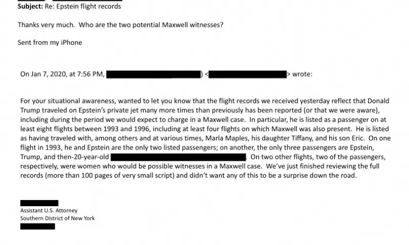An email discussing Jeffrey Epstein’s private jet flight records mentioned Donald Trump in this image released by the Department of Justice in Washington, DC., the US on December 23 as part of a new trove of documents from its investigations into the late financier and convicted sex offender Jeffrey Epstein. — Reuters
