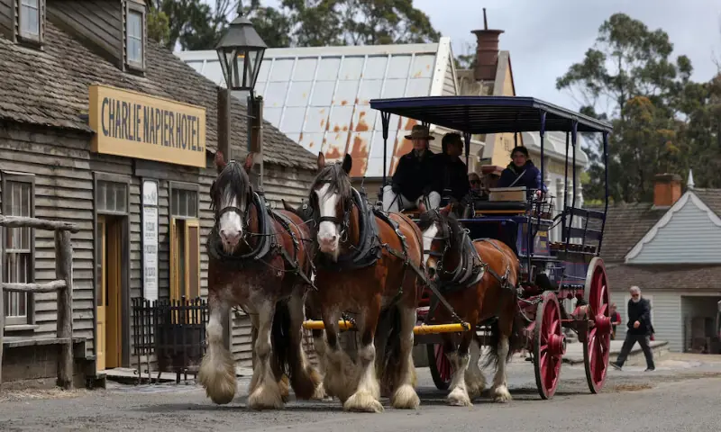   People take a horse‑drawn coach ride through Sovereign Hill, an outdoor living museum depicting the Gold Rush era, in Ballarat, Australia, November 30, 2025. &mdash; REUTERS  