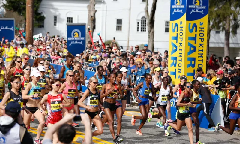 The elite women cross the start line of the 2017 Boston Marathon. &mdash; Reuters/File