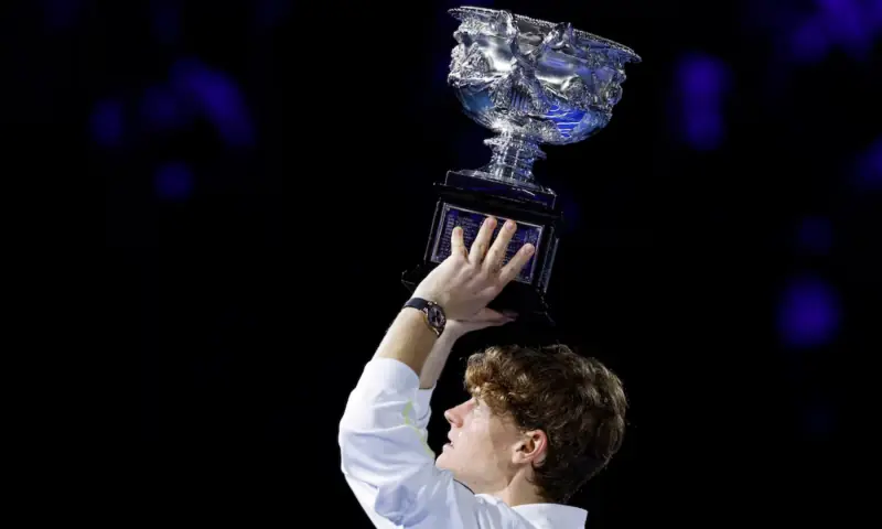 Italy&rsquo;s Jannik Sinner poses with the trophy after winning the final against Germany&rsquo;s Alexander Zverev at the Australian Open in Melbourne Park, Melbourne, Australia on  January 26, 2025. &mdash; Reuters/File