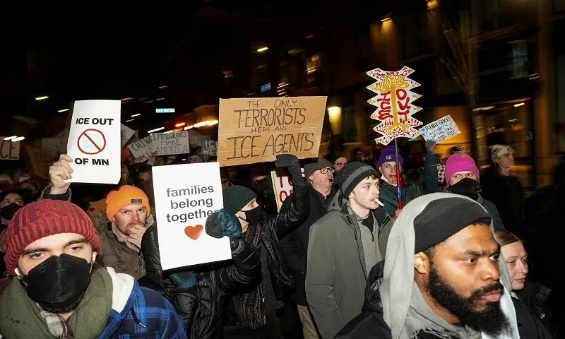 People march during a demonstration against increased immigration enforcement in Minneapolis, Minnesota, US, January 9, 2026. —Reuters