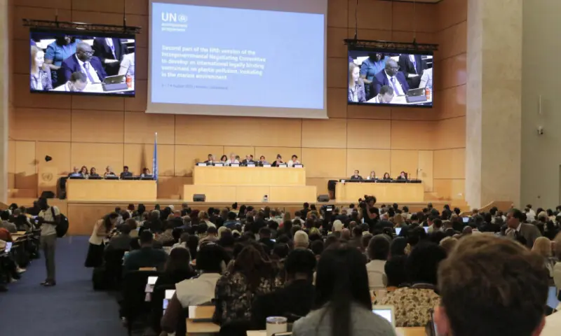 Despite attempts by massed negotiators, sessions in Geneva last year failed to lead to a global plastics treaty &mdash; Newscom / Alamy via Dialogue Earth