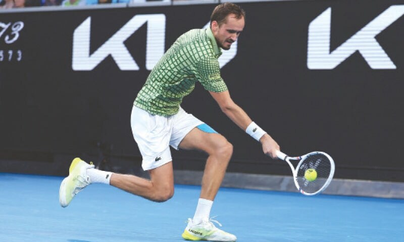 MELBOURNE: Russia’s Daniil Medvedev in action during the Australian Open match against Learner Tien of the US at Melbourne Park on Sunday.—Reuters