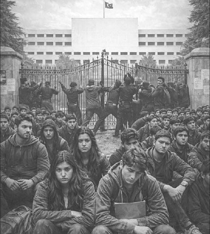 Glum youth waiting outside the system