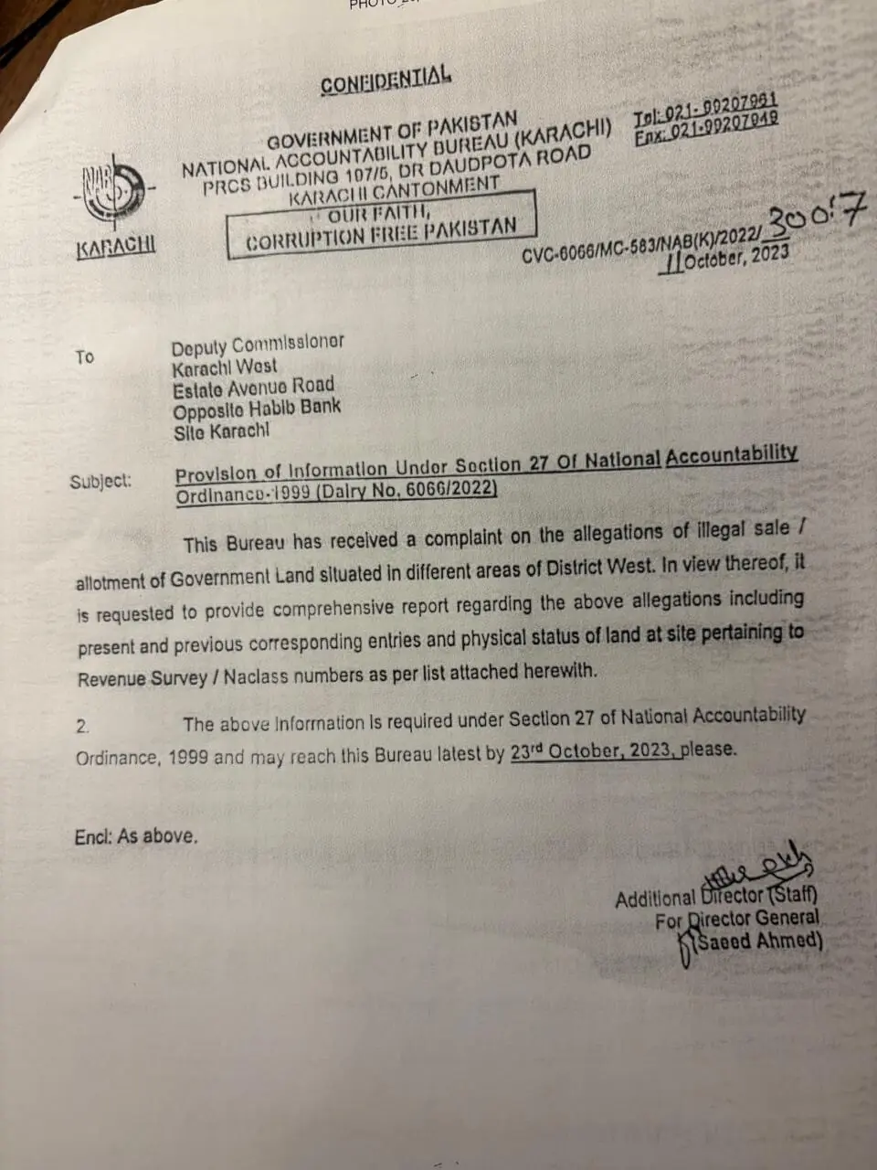 Letter written by NAB to the DC West, informing him about the complaint it had received regarding &ldquo;illegal sale/ allotment of government land&rdquo; in the district and seeking a comprehensive report by Oct 23, 2023. 
