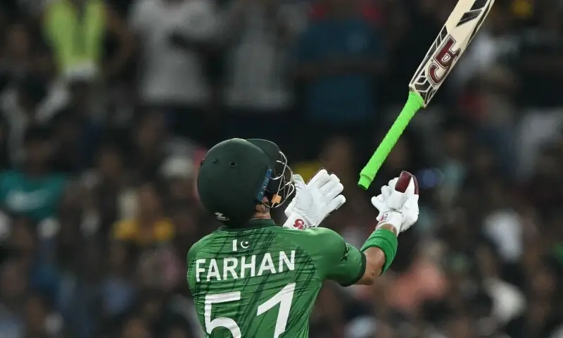 Pakistan’s Sahibzada Farhan reacts after his dismissal during the 2026 ICC Men’s T20 Cricket World Cup group stage match between Pakistan and USA at the Sinhalese Sports Club (SSC) Ground in Colombo on February 10, 2026. — AFP