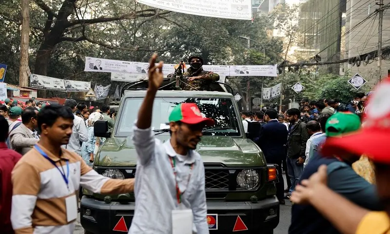 Members of the army patrol outside the polling station during the 13th general election in Dhaka, Bangladesh, February 12, 2026. &mdash;Reuters