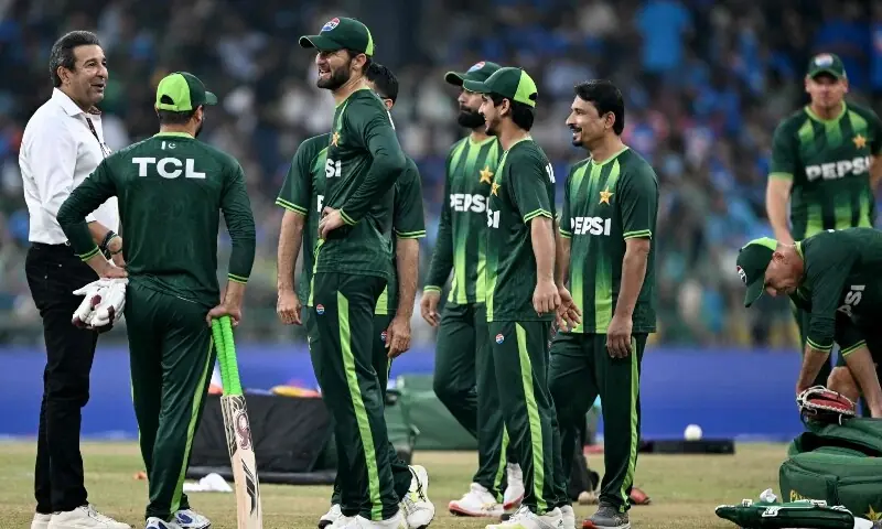 Pakistan&rsquo;s Shaheen Shah Afridi (3L) with teammates speaks to commentator and former cricket player Wasim Akram (L) before the start of the 2026 ICC Men&rsquo;s T20 Cricket World Cup group stage match between India and Pakistan at the R Premadasa Stadium in Colombo on February 15, 2026. &mdash; AFP 