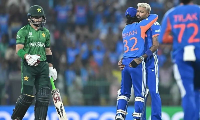  India&rsquo;s Hardik Pandya (R) celebrates with Ishan Kishan (C) after taking the wicket of Pakistan&rsquo;s Sahibzada Farhan during the 2026 ICC Men&rsquo;s T20 Cricket World Cup group stage match between India and Pakistan at the R Premadasa Stadium in Colombo on February 15, 2026. &mdash; AFP 
