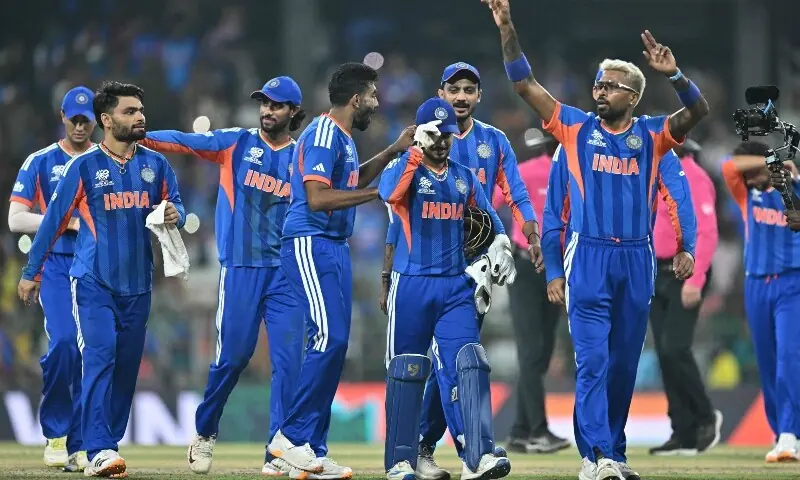 India&rsquo;s Hardik Pandya (R) celebrates with teammates after their win at the end of the 2026 ICC Men&rsquo;s T20 Cricket World Cup group stage match between India and Pakistan at the R Premadasa Stadium in Colombo on February 15, 2026. &mdash; AFP