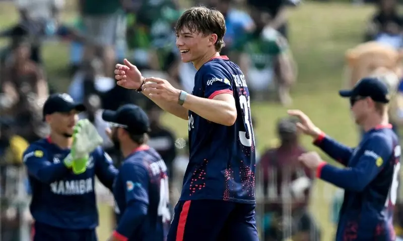  Namibia&rsquo;s Jack Brassell celebrates after taking the wicket of Pakistan&rsquo;s Saim Ayub during the 2026 ICC Men&rsquo;s T20 Cricket World Cup group stage match between Pakistan and Namibia at the Sinhalese Sports Club (SSC) Ground in Colombo on February 18, 2026. &mdash; AFP 