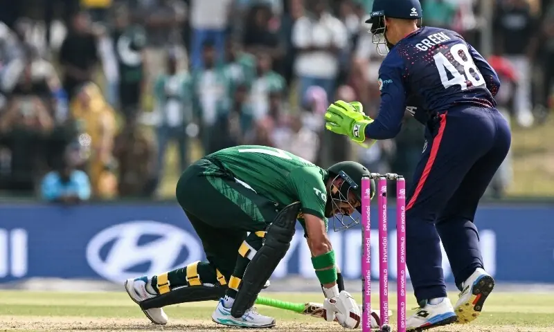 Pakistan&rsquo;s Sahibzada Farhan (L) suffers a leg injury as Namibia&rsquo;s wicketkeeper Zane Green reacts during the 2026 ICC Men&rsquo;s T20 Cricket World Cup group stage match between Pakistan and Namibia at the Sinhalese Sports Club (SSC) Ground in Colombo on February 18, 2026. &mdash; AFP