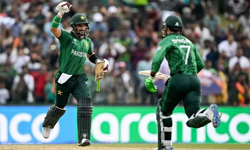  Pakistan&rsquo;s Sahibzada Farhan (L) celebrates with Shadab Khan after scoring a century (100 runs) during the 2026 ICC Men&rsquo;s T20 Cricket World Cup group stage match between Pakistan and Namibia at the Sinhalese Sports Club (SSC) Ground in Colombo on February 18, 2026. &mdash; AFP 